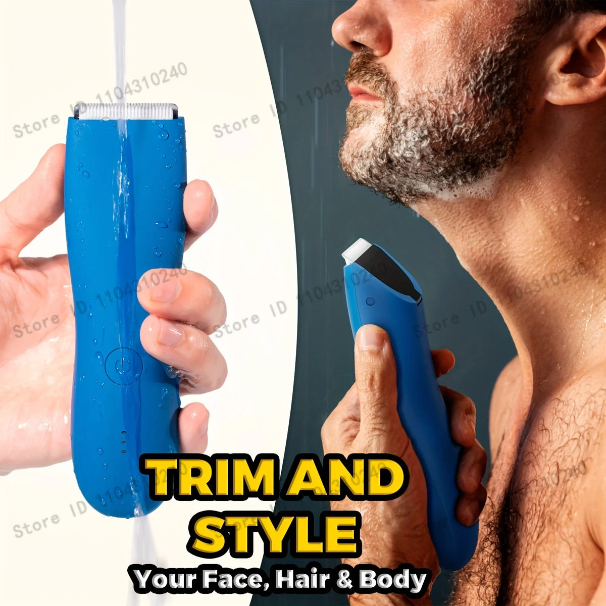 A man is using a blue electric trimmer to trim and style his face, hair, and body.