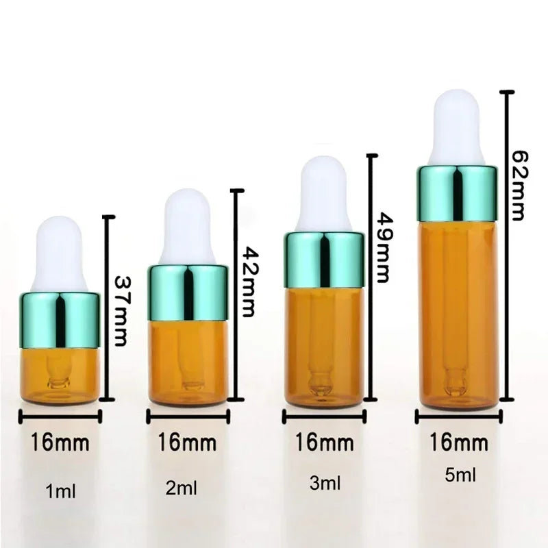 A set of five glass dropper bottles containing essential oils or samples, varying in volume from 1ml to 5ml.