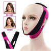 Before and after comparison of a pink 3D facial slimming strap for V-line contouring on a mannequin head.