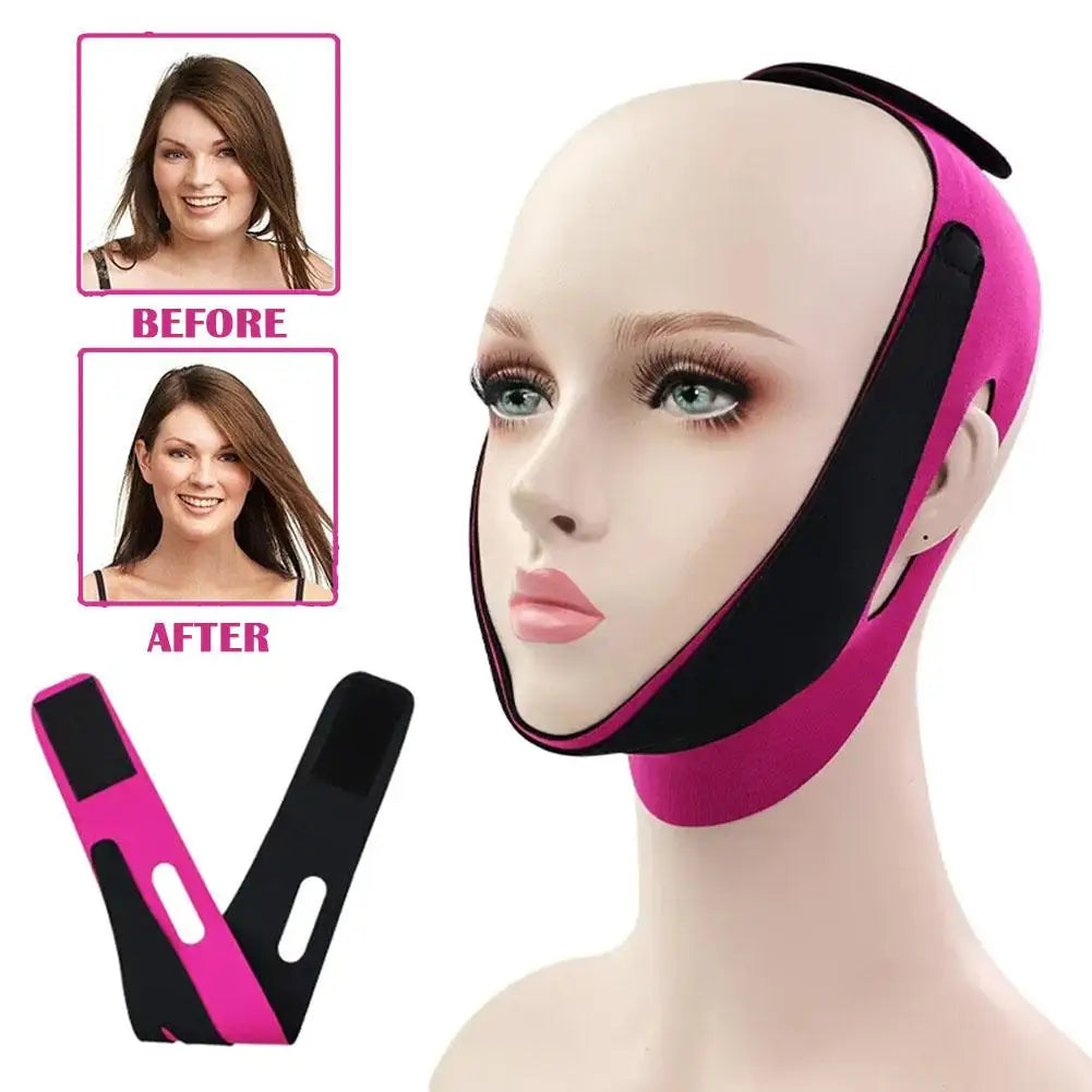 Before and after comparison of a pink 3D facial slimming strap for V-line contouring on a mannequin face.