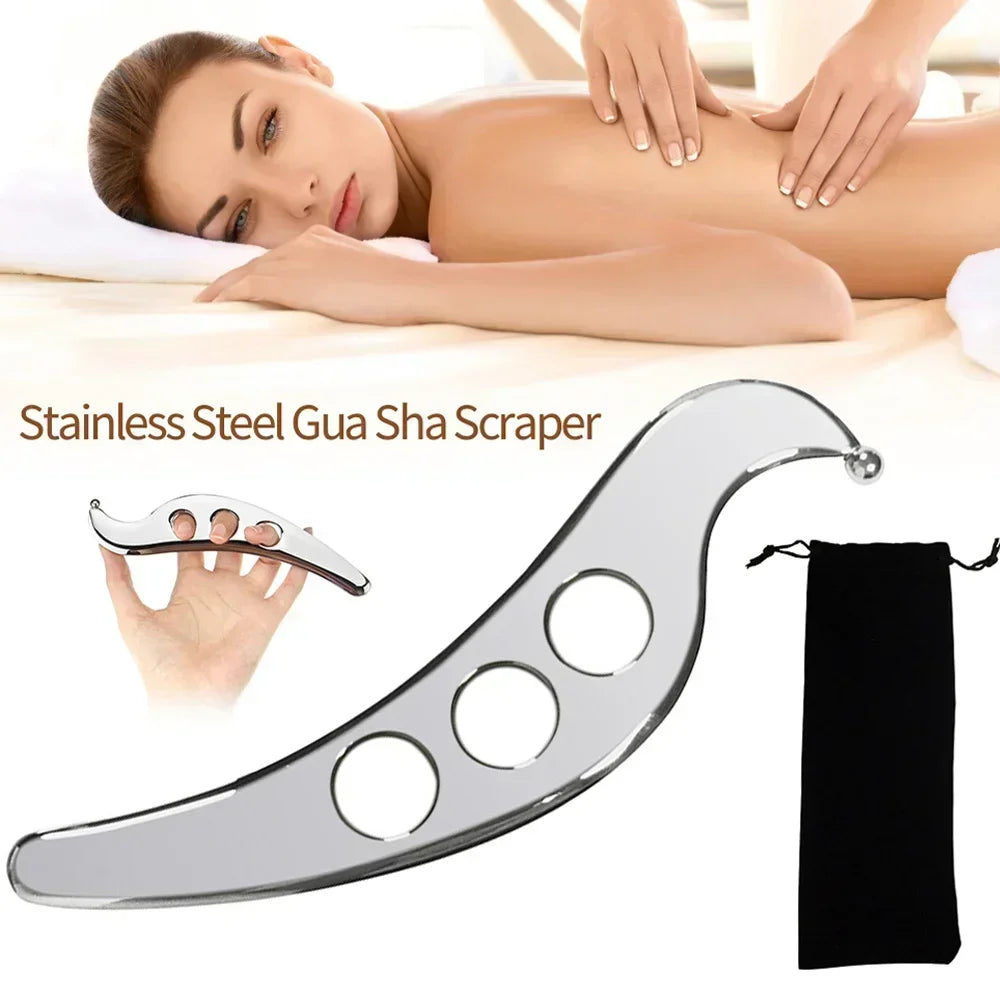 Stainless steel Gua Sha scraper tool being used on a person's skin for massage