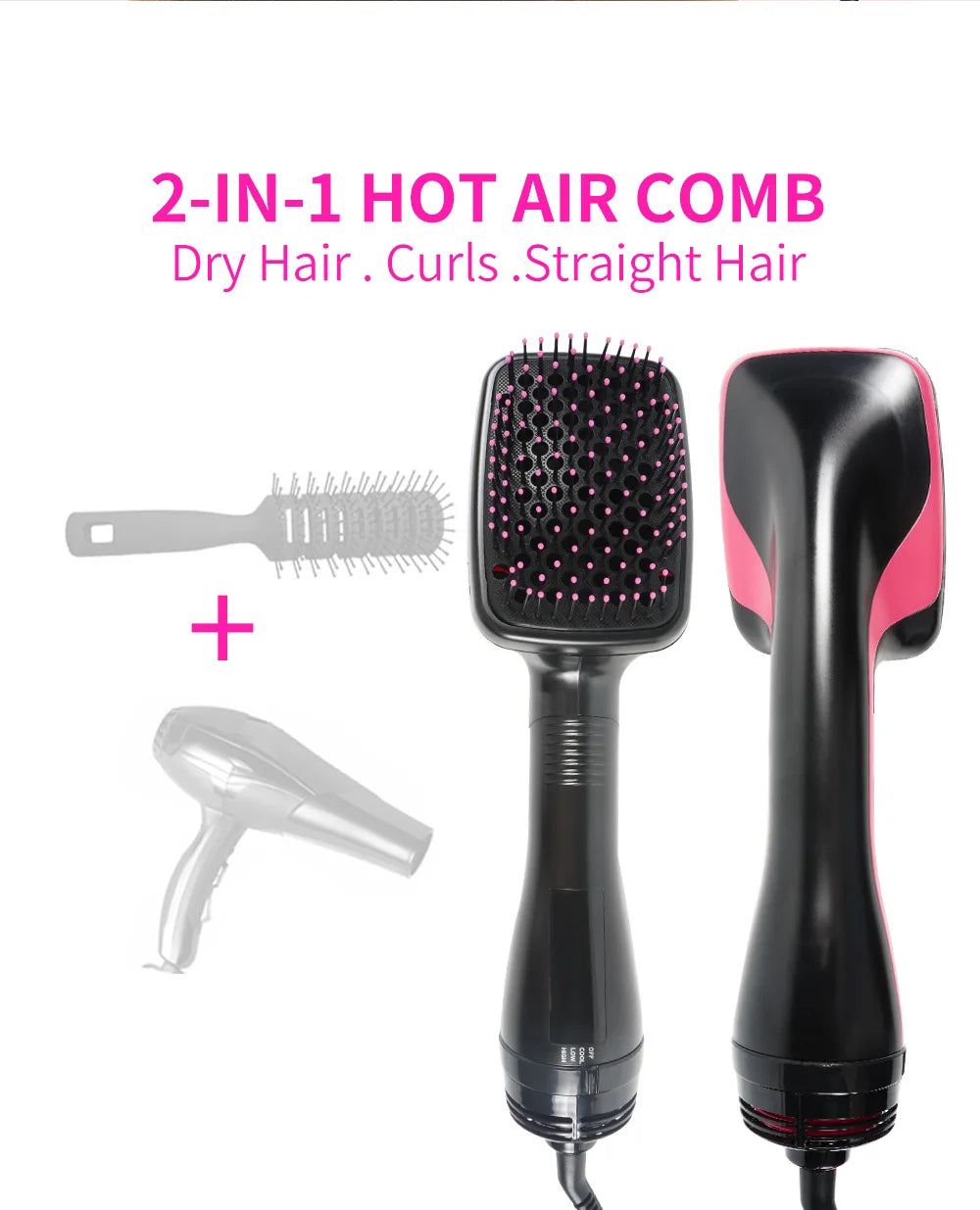 A 2-in-1 hot air comb hair dryer featuring a brush attachment and a straightener for styling hair.