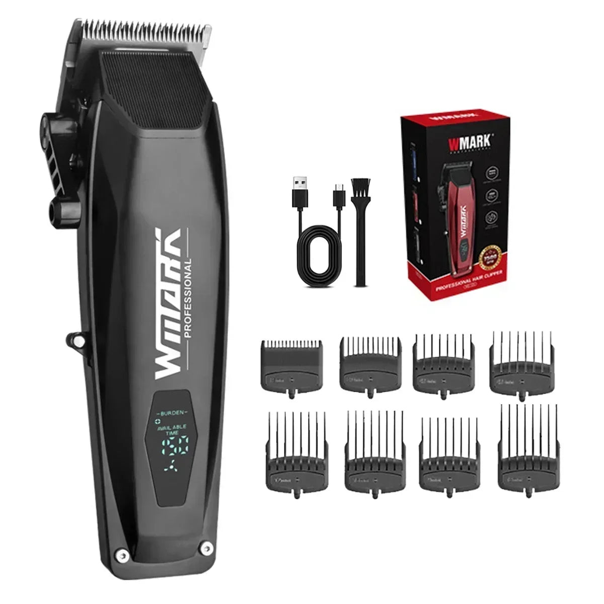 A black professional electric hair clipper set with multiple cutting combs and accessories.