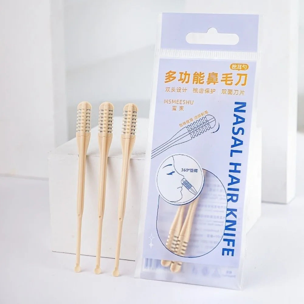 A package of a multi-functional nasal hair knife set with wooden applicators and a plastic knife.