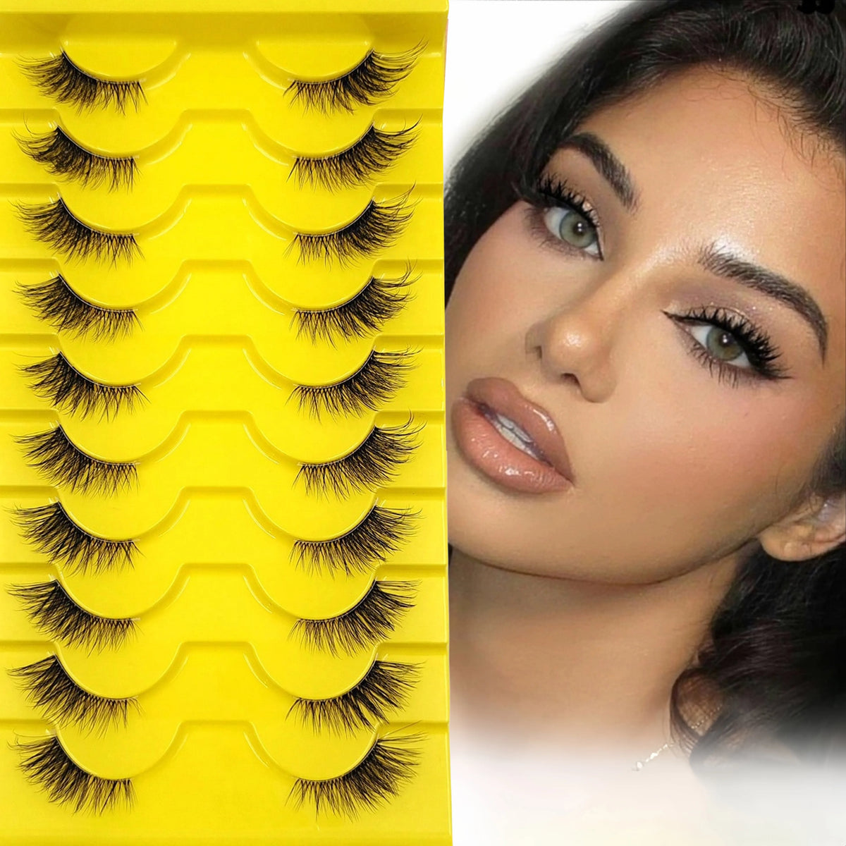 A box of wispy cat eye false eyelashes in yellow packaging next to a model wearing them.
