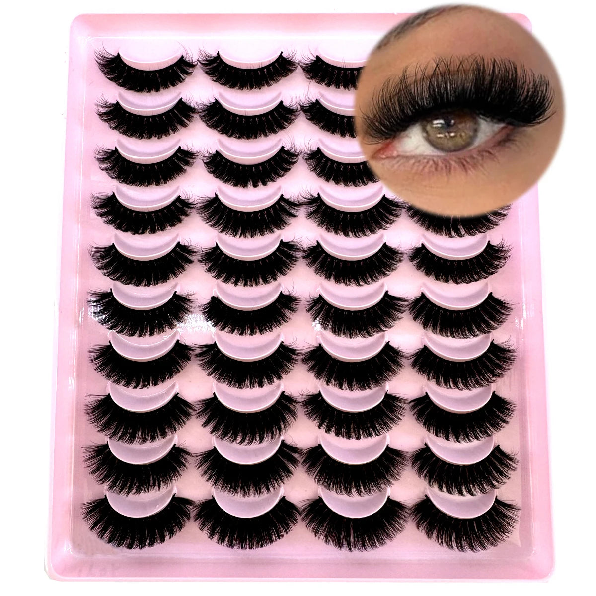 Plateau en plastique rose contenant un kit de faux cils de mink naturels.