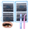A set of clusters lashes in black and blue are shown alongside an eye for reference.