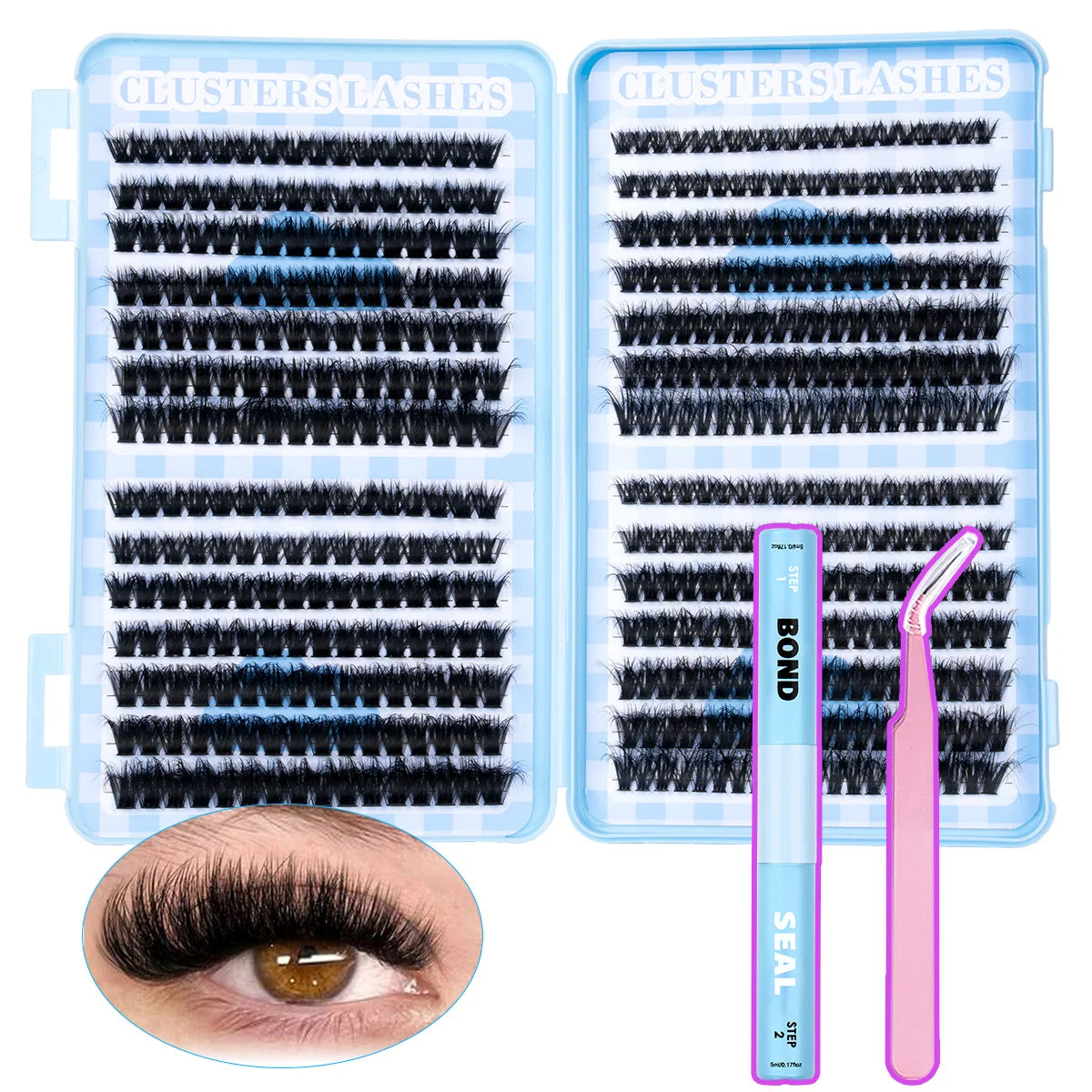 A set of clusters lashes in black and blue are shown alongside an eye for reference.