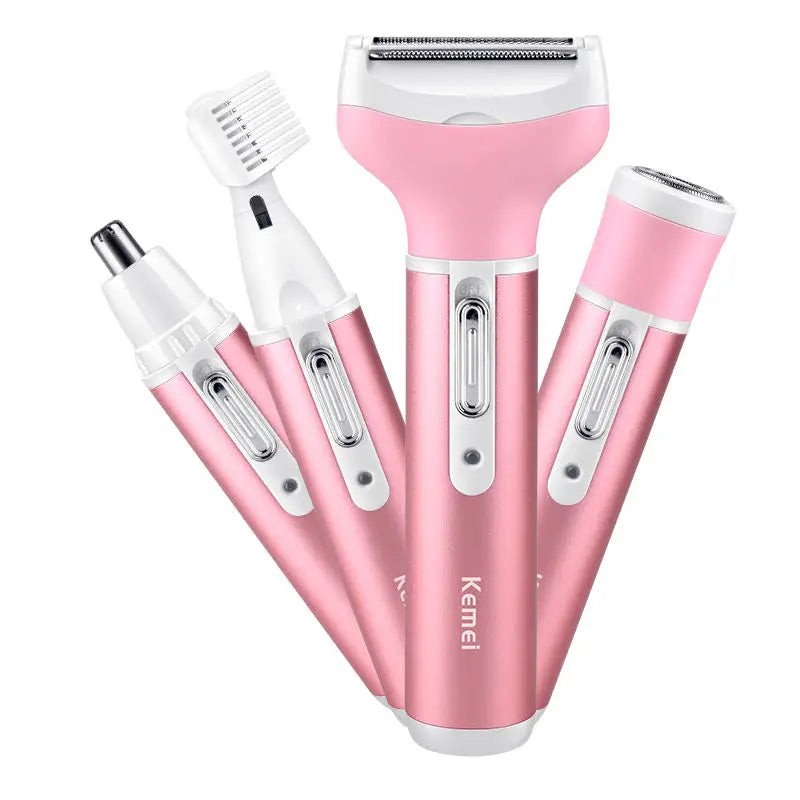 A pink 4-in-1 multi-function body and facial shaver with three attachments shown together.