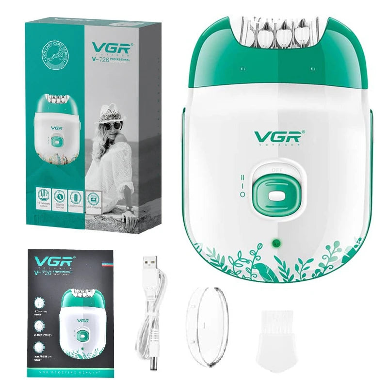A VGR professional electric epilator device shown in its box, along with accessories like a charger and replacement foils.