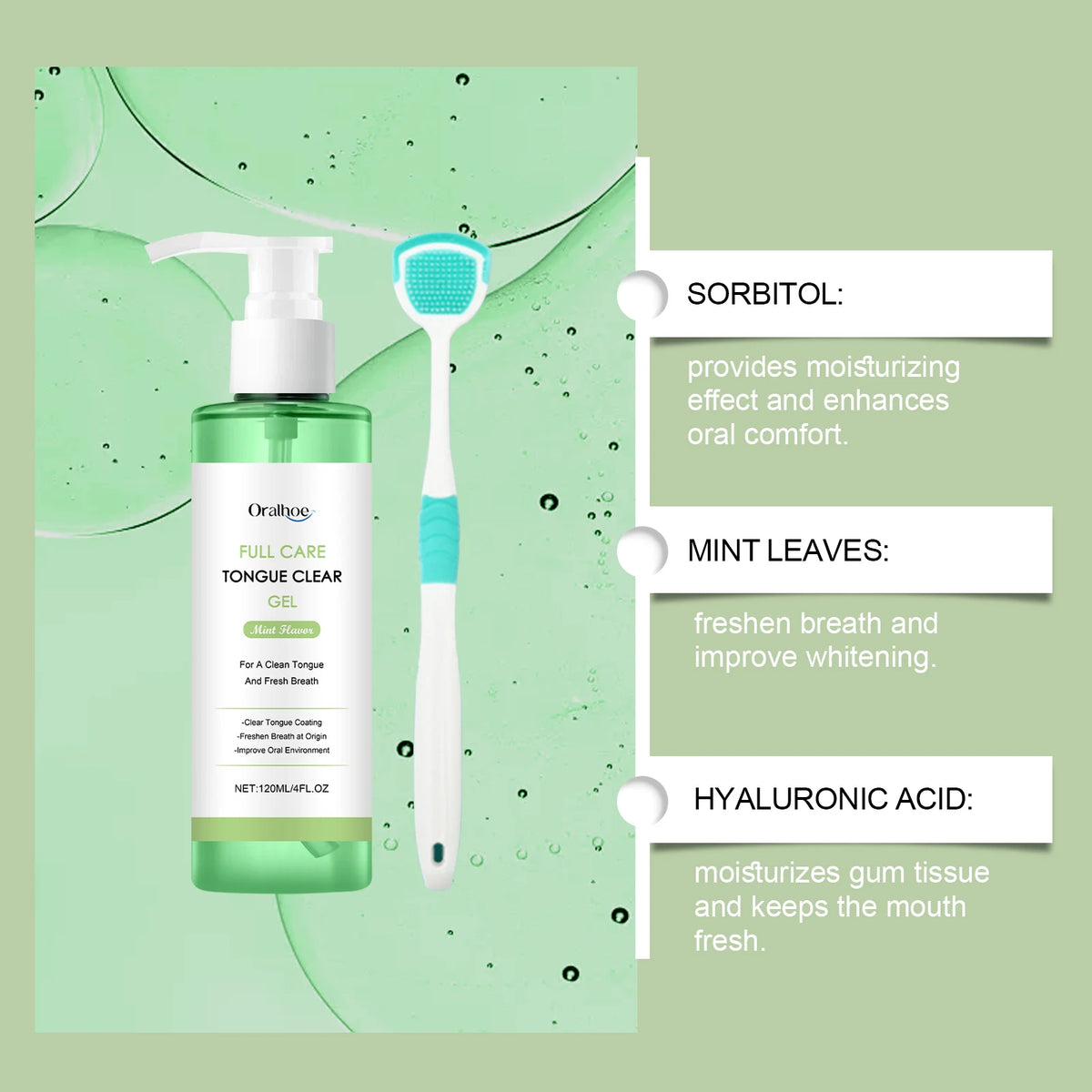 A bottle of Oralthe Full Care Tongue Clear Gel with a brush and information about its ingredients like sorbitol, mint leaves,