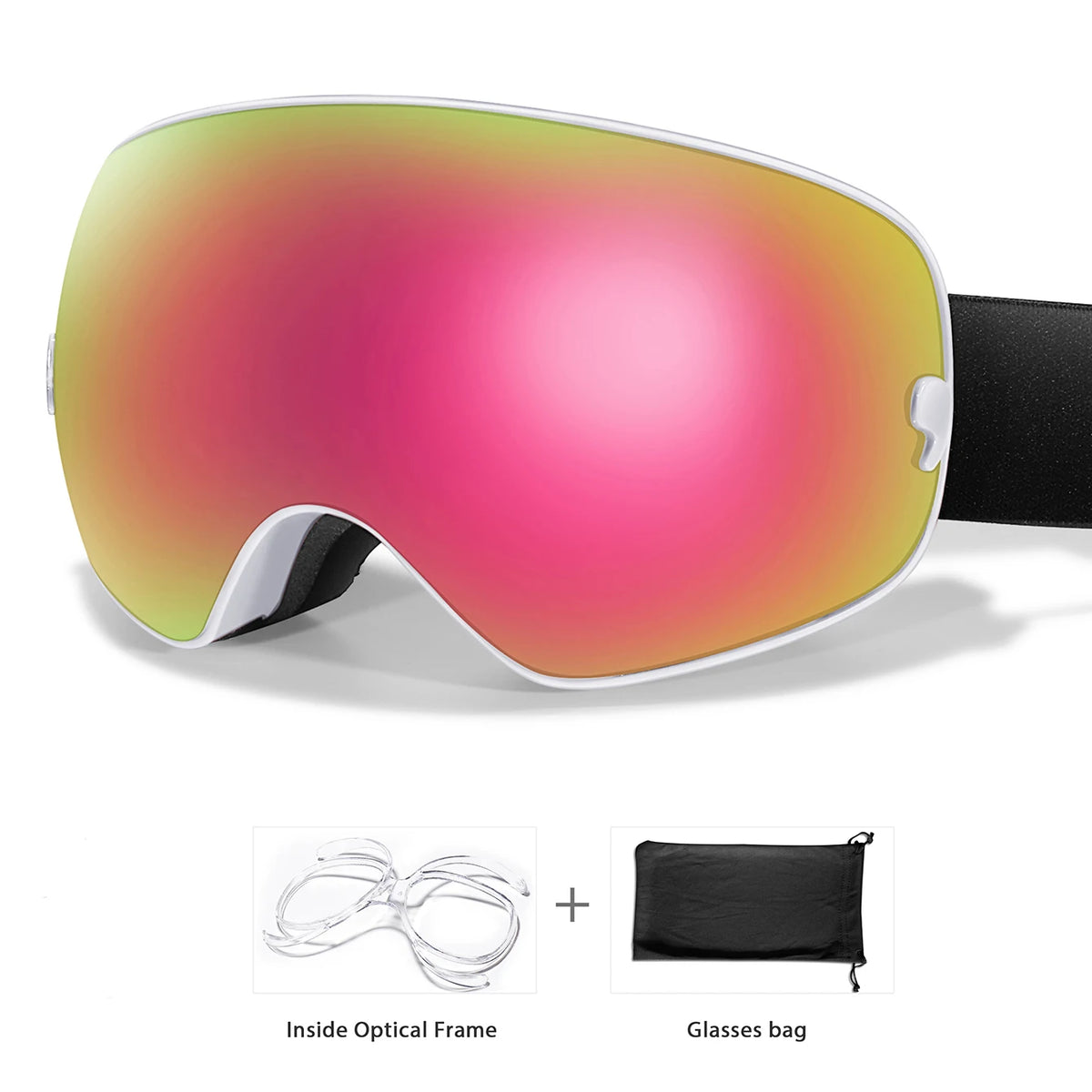 A pair of pink-tinted sports goggles shown with an inside optical frame and a separate glasses bag.