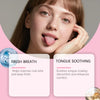 A woman shows her tongue for fresh breath and tongue soothing benefits of a natural cleaning gel.