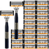 A collection of classic multi-blade safety razors with black handles and orange blades arranged in rows.