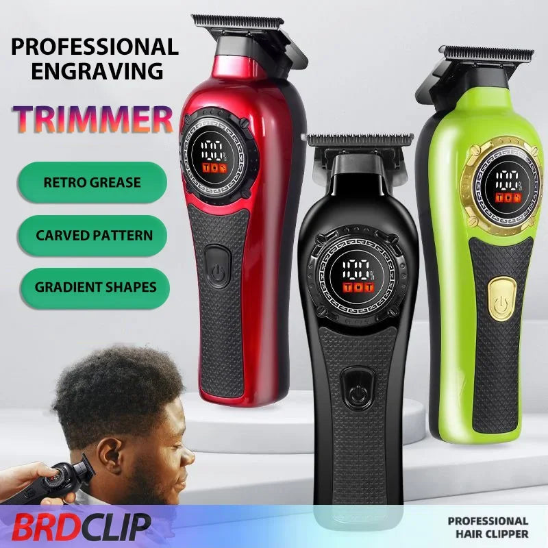 Three professional hair trimmers in red, black, and lime green are displayed with features like retro grease, carved patterns