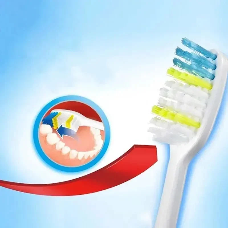 Une brosse à dents blanche avec des poils souples de plusieurs couleurs, à côté d'un graphique de dents.
