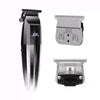 A black precision electric hair trimmer and grooming kit shown in various components.