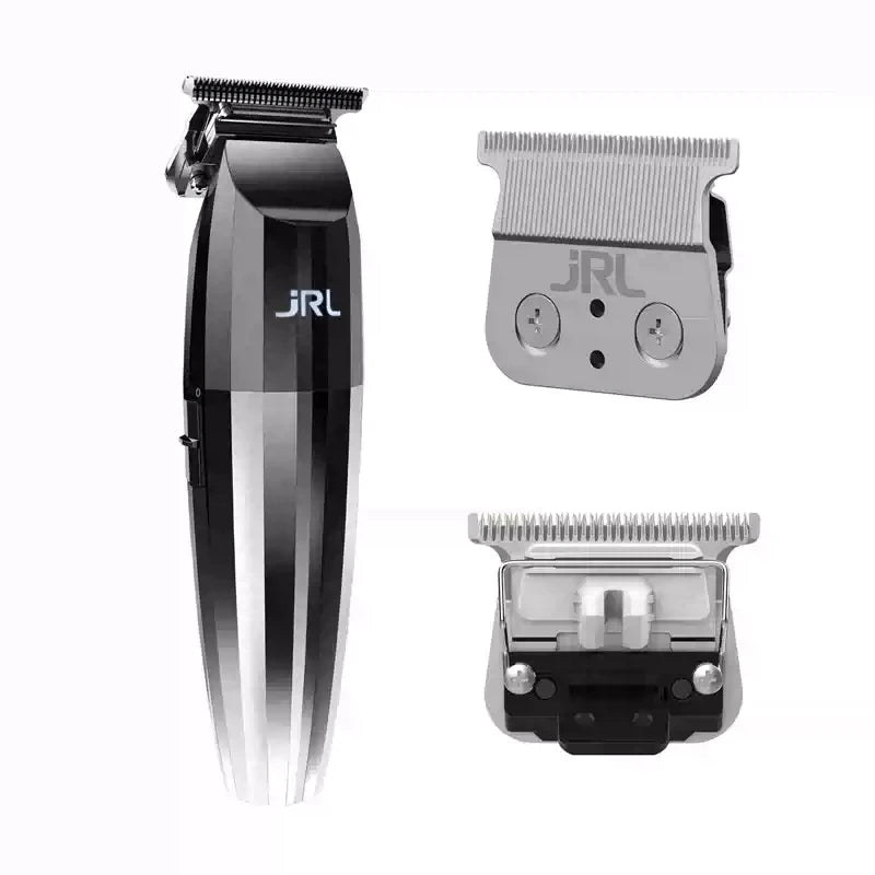 A black precision electric hair trimmer and grooming kit shown in various components.