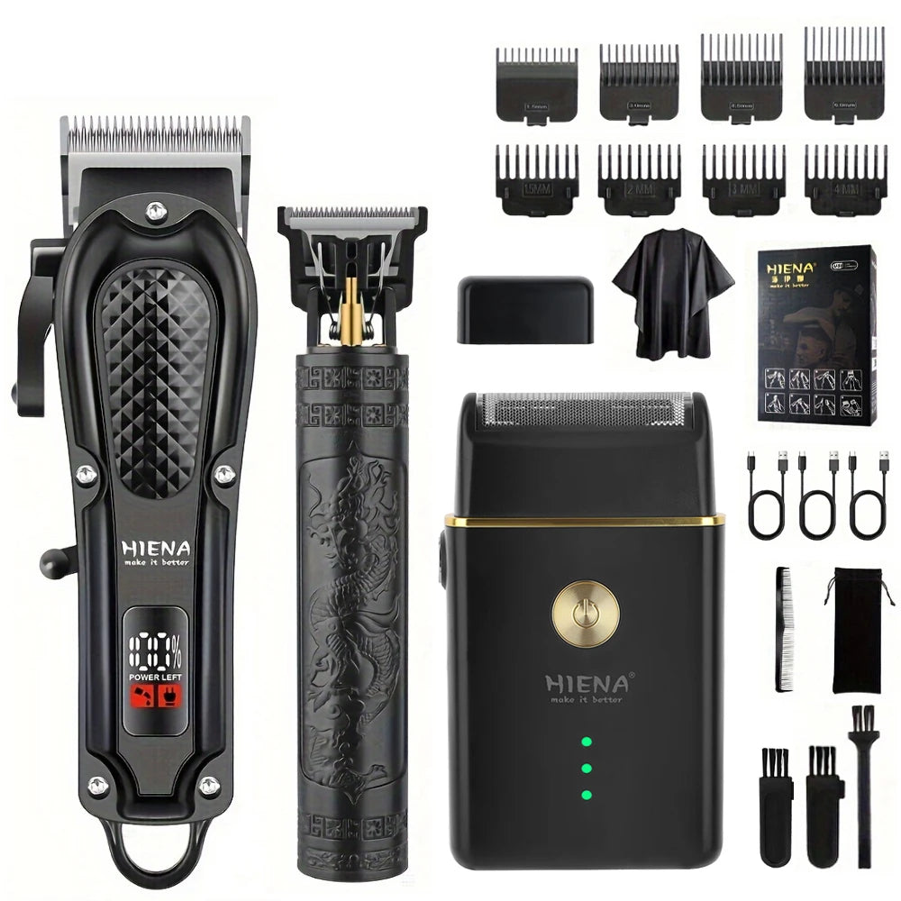 A set of black HIENA professional cordless hair trimmers, including a body gun, a separate trimmer unit, and accessories.