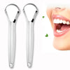 A pair of stainless steel tongue scrapers shown next to a close-up of a person's mouth for oral hygiene.