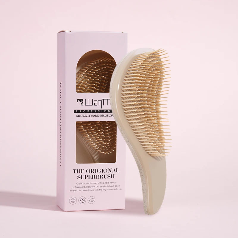 A light beige anti-static detangling comb with scalp massage tips is shown next to its packaging box.