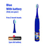 Blue electric toothbrush with battery and two brush heads, along with a Duracell AA battery.