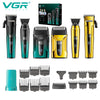 A set of professional electric hair and beard trimmers in various colors and sizes.
