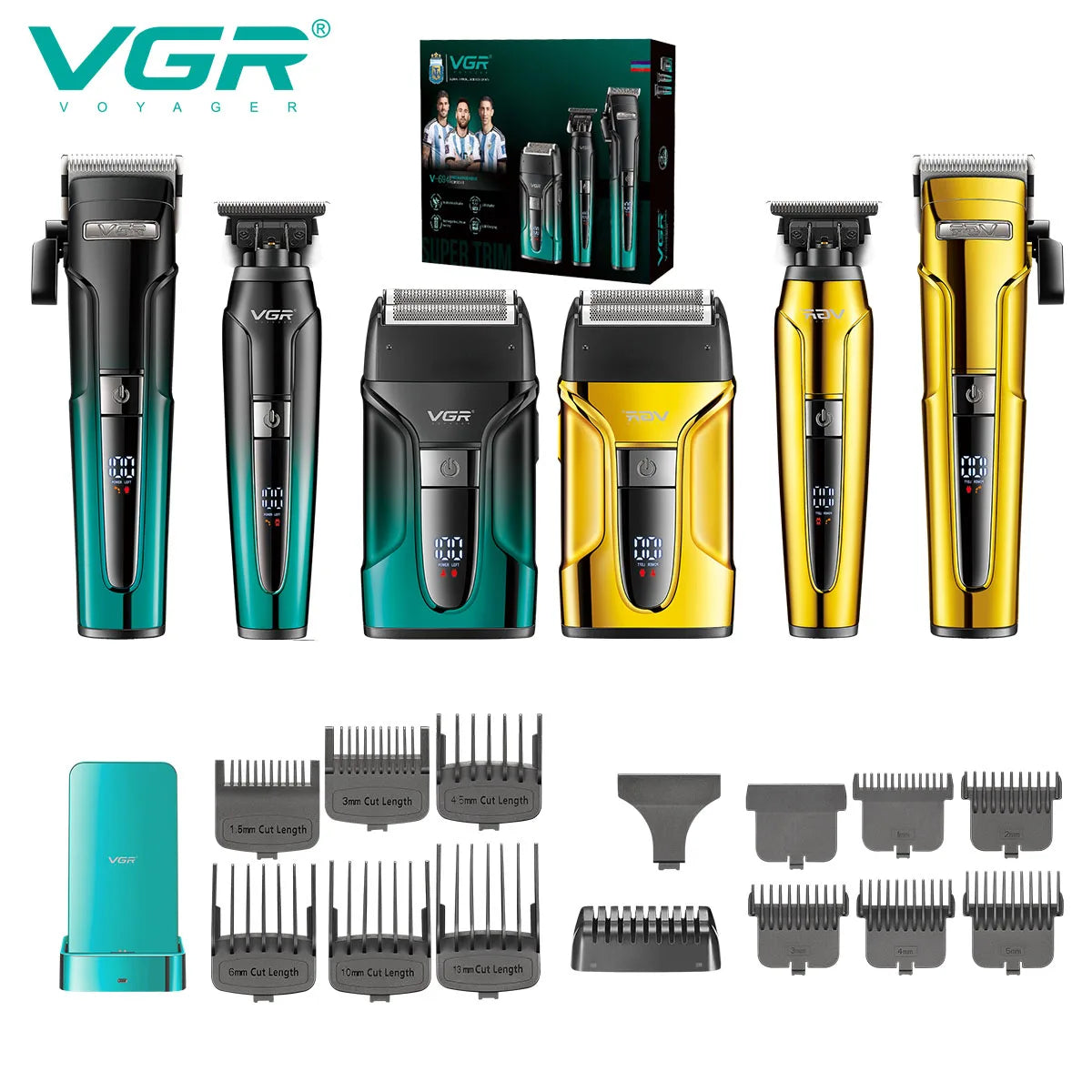 A set of professional electric hair and beard trimmers in various colors and sizes.