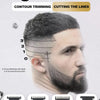 A visual guide showing four different depth settings for contour trimming and cutting lines on a male haircut.