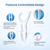White floss picks demonstrating a pressure controllable design with anti-slip handles and a rear part toothpick function.