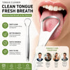 Stainless steel tongue scraper shown being used on a person's tongue for cleaning and fresh breath