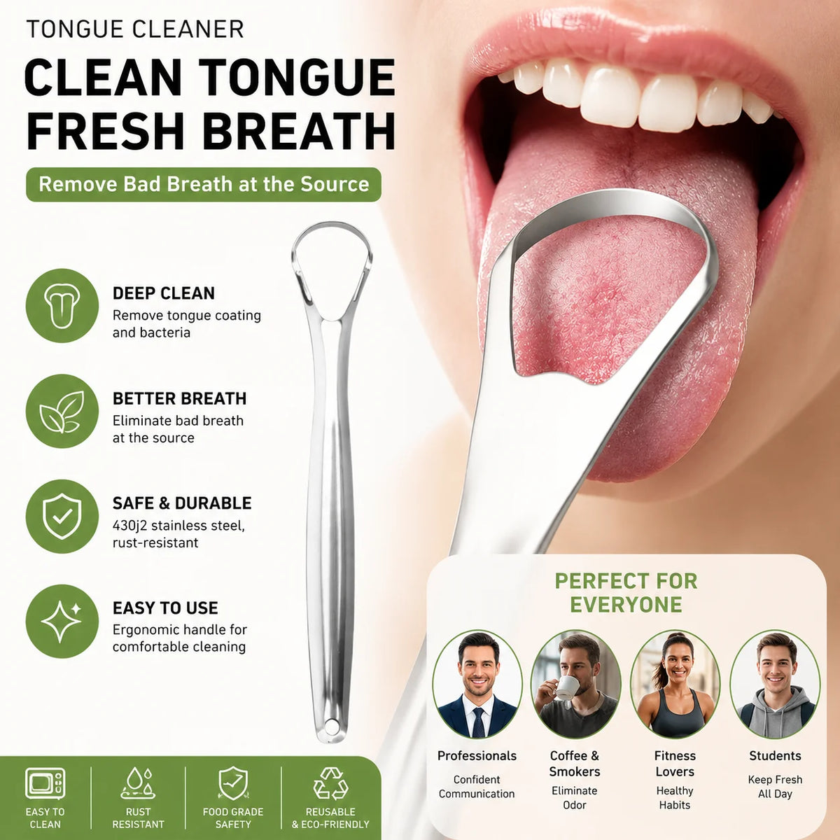 Stainless steel tongue scraper shown being used on a person's tongue for cleaning and fresh breath