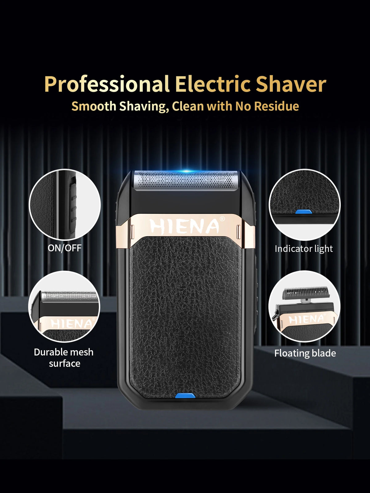 A black electric shaver with a floating blade and mesh surface is shown on a dark background.