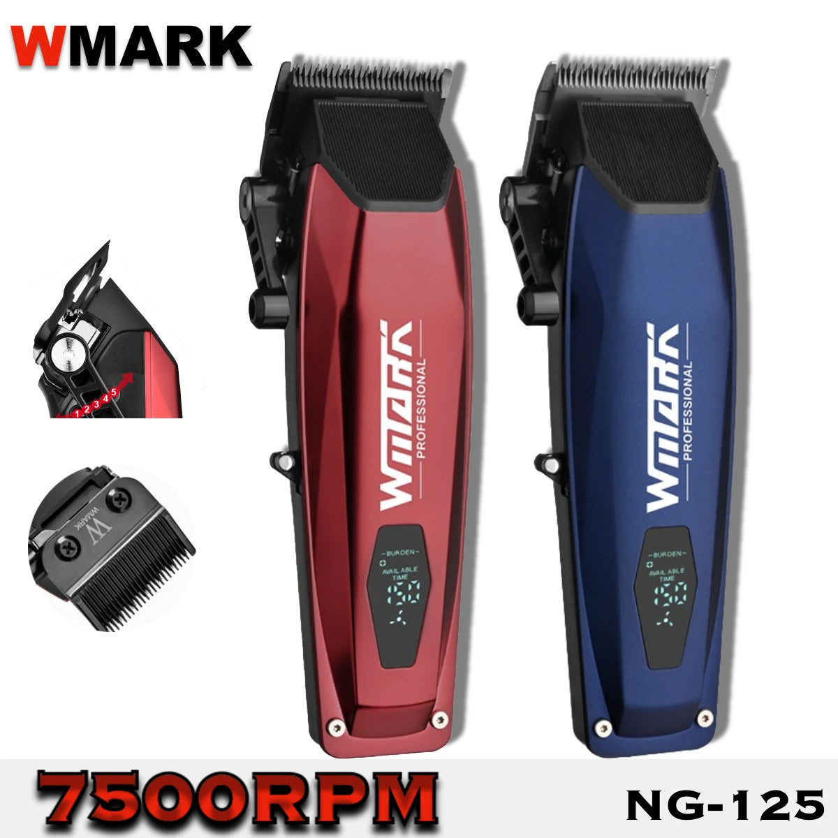 A pair of Wink Professional electric hair clippers, one red and one blue, with a 7500RPM motor.