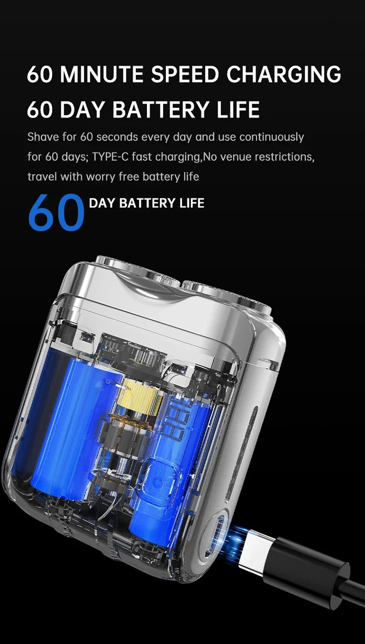 A close-up view of a dual blade electric shaver with a blue and silver body and charging cable.