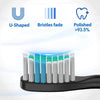A black electric toothbrush with multiple bristles shown alongside icons for U-Shaped, Bristles fade, and Polished finishes.