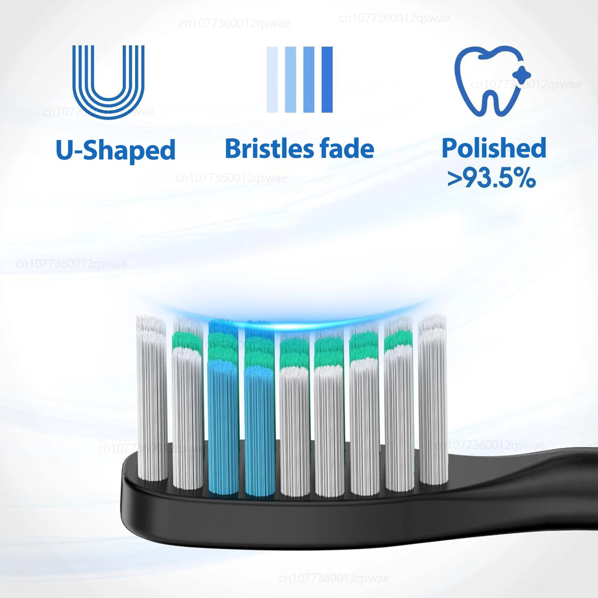 A black electric toothbrush with multiple bristles shown alongside icons for U-Shaped, Bristles fade, and Polished finishes.