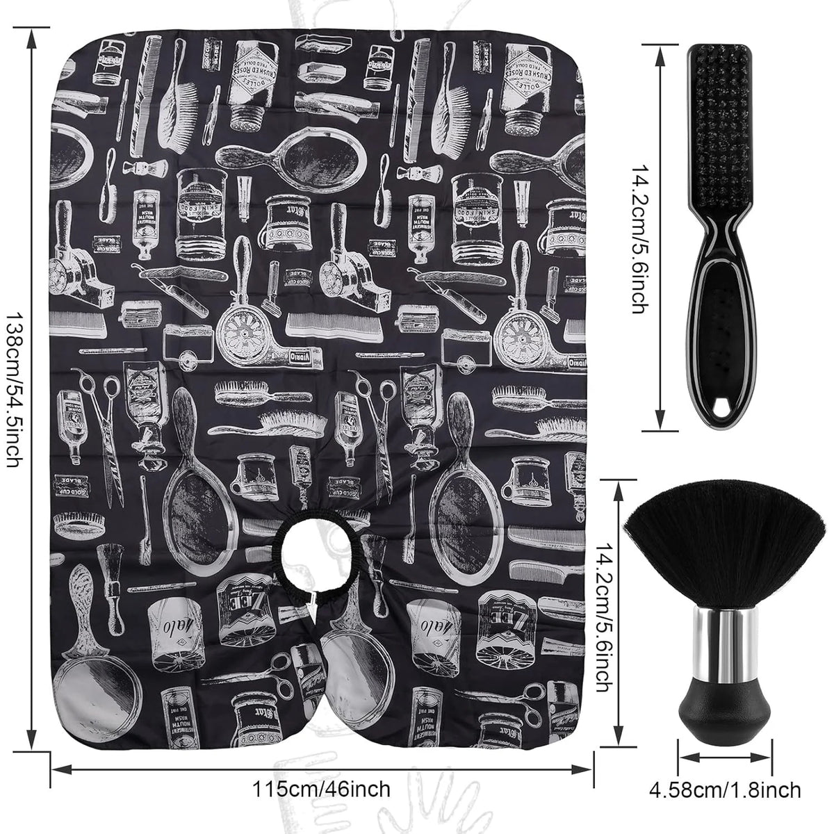 A black hair cutting cape and styling accessory set featuring various tools like combs, scissors, and brushes.