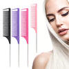 A set of pink and purple professional rat tail combs and detangling brushes displayed next to a woman's face.
