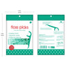 A package of floss picks with a mint flavor, showing the product and usage instructions.