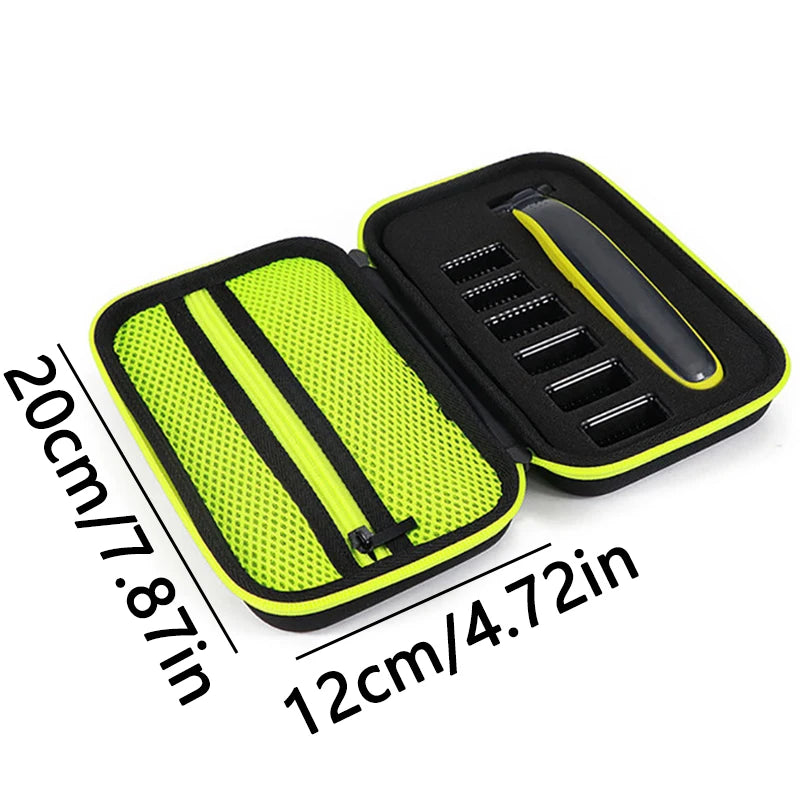 A lime green hard-shell travel case for electric shavers with a black magnetic cover.