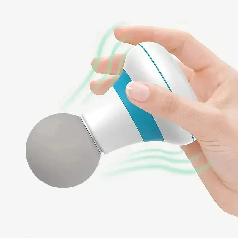A hand is holding a white mini portable massage gun with a gray head and blue accents.