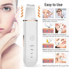 A white ultrasonic skin scrubber face tool is shown with instructions for cleaning, lifting, and ion functions.