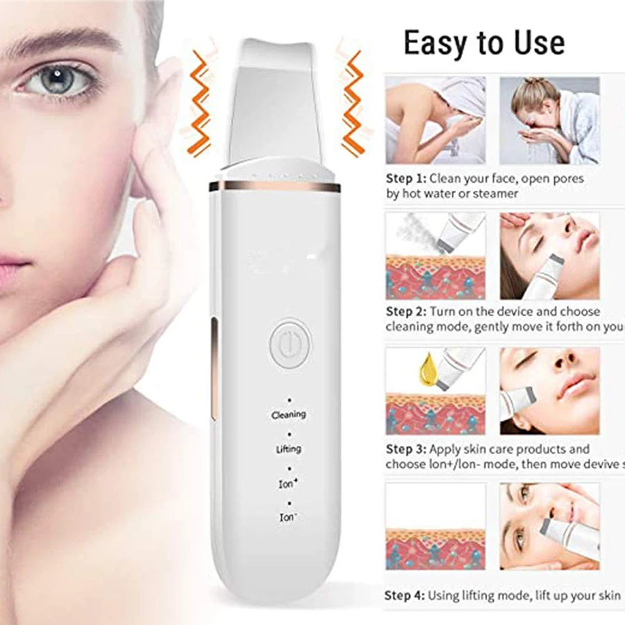 A white ultrasonic skin scrubber face tool is shown with instructions for cleaning, lifting, and ion functions.
