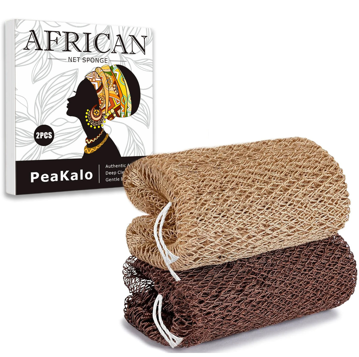 Two natural brown exfoliating loofah sponges are shown next to the packaging for African net sponge