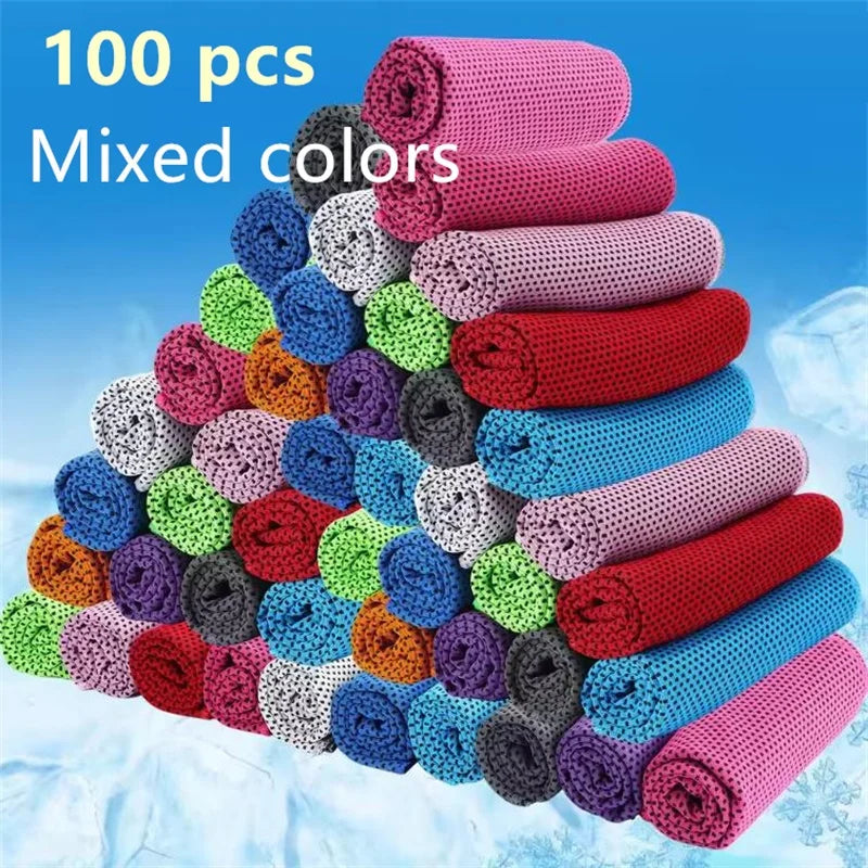 A pyramid display of 100 mixed colored ultra soft quick-dry sport towels.