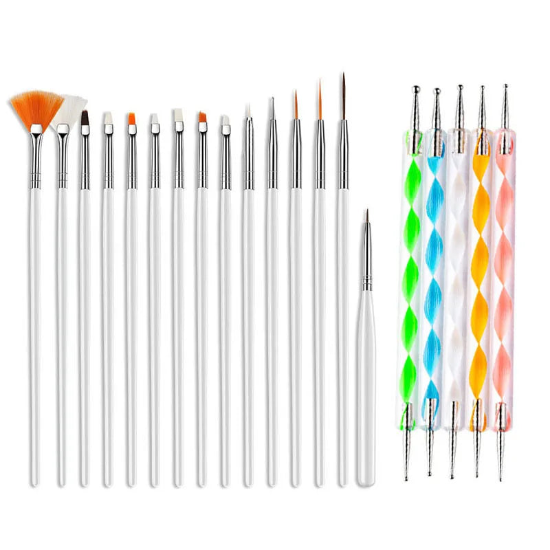 A set of precision nail art brushes with various tips and colors for gel and acrylic polish.