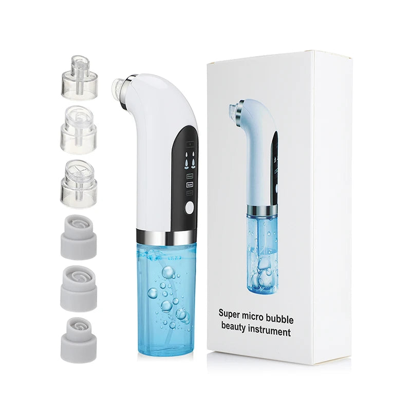 A white beauty instrument with a blue body and black handle is shown next to its packaging box.