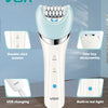 A white electric grooming kit with a light blue body and silver accents, showing various functions like double click button, 