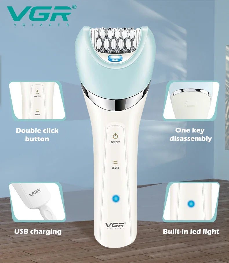 A white electric grooming kit with a light blue body and silver accents, showing various functions like double click button, 